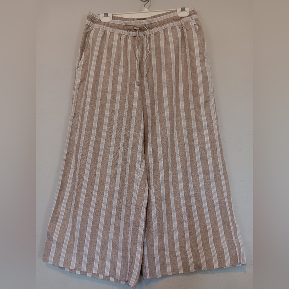 Banana Republic Pants - Wide Leg Crop Pant Linen Blend Striped Pockets SzM Ligh Tan/Cream High Waist